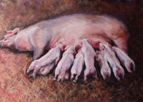Reclining Pig with Piglets